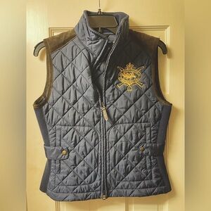 Quilted Navy Sleeveless Vest with Embroidered Crest - Women